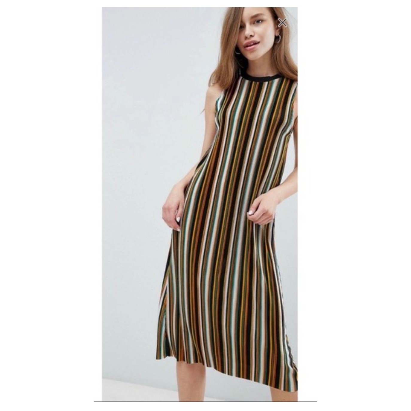 Pull&Bear Plisse Striped Midi Dress M Multicolor Sleeveless Retro Crinkle Pleats