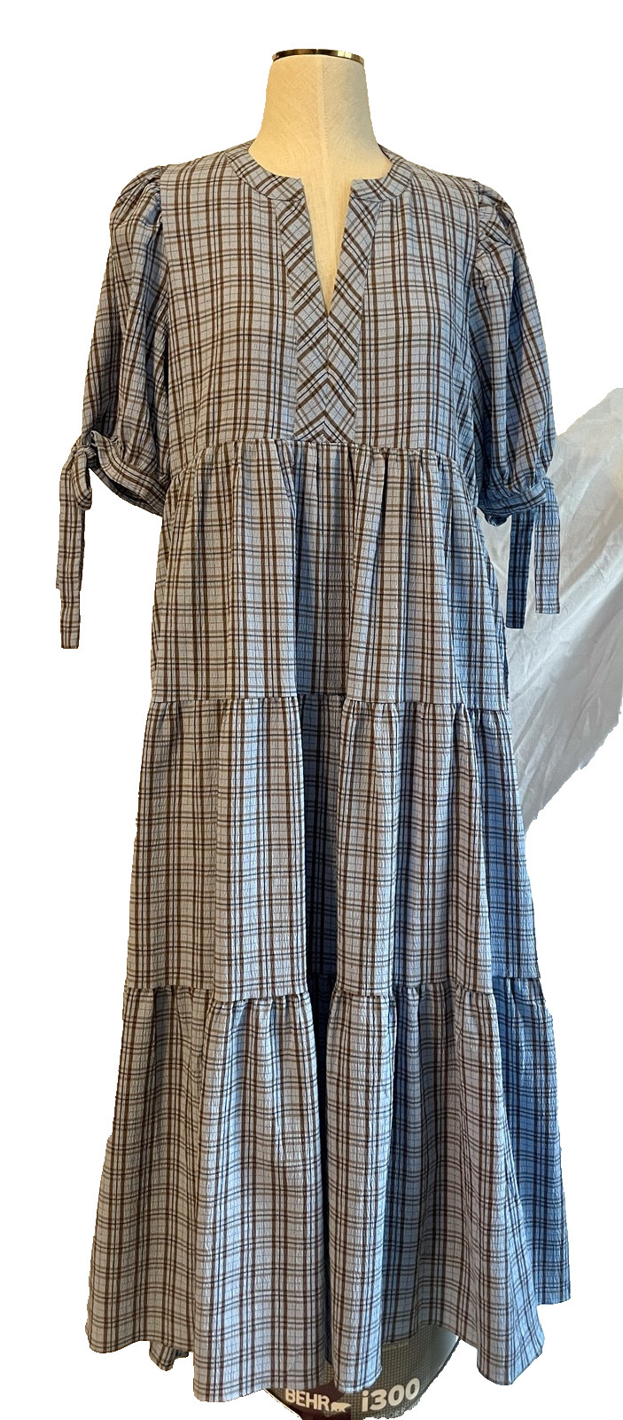 English Factory Blue Plaid Tiered Maxi Dress Puff Sleeve Tie Cuff Split V-Neck L