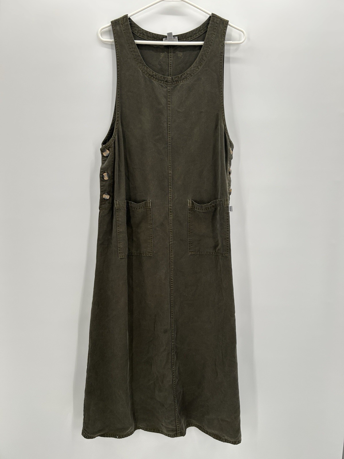 Amy K Su AKS Tencel Pinafore Jumper Maxi Buttoned Pockets Green Dress Medium