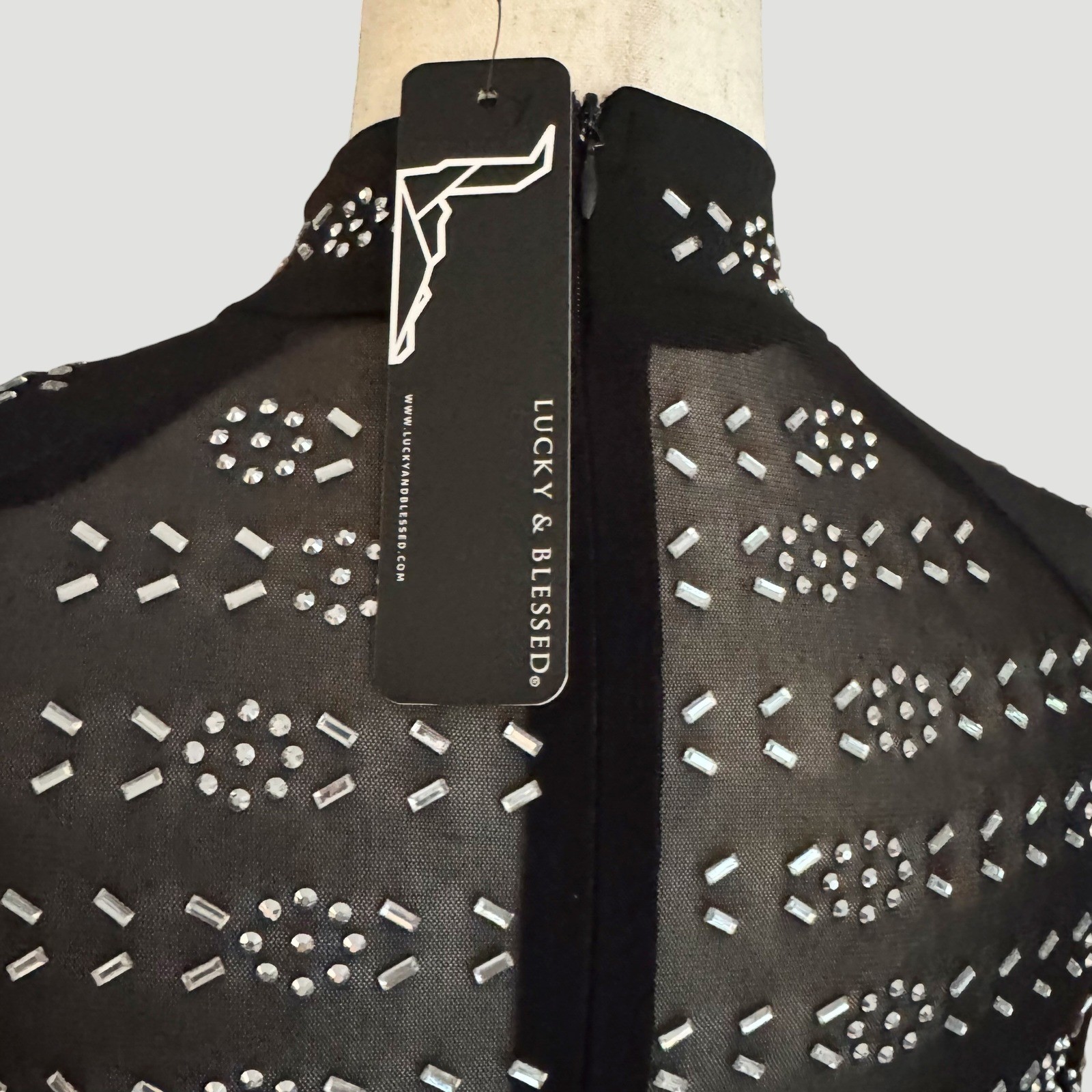L&B Black Rhinestone Mesh Bodycon Mini Dress Western Glam M Festival Vegas NWT