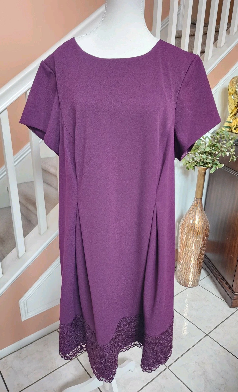 JESSICA HOWARD Purple Short Sleeve Inverted Pleat Lace Hem Stretch Dress Sz 18W