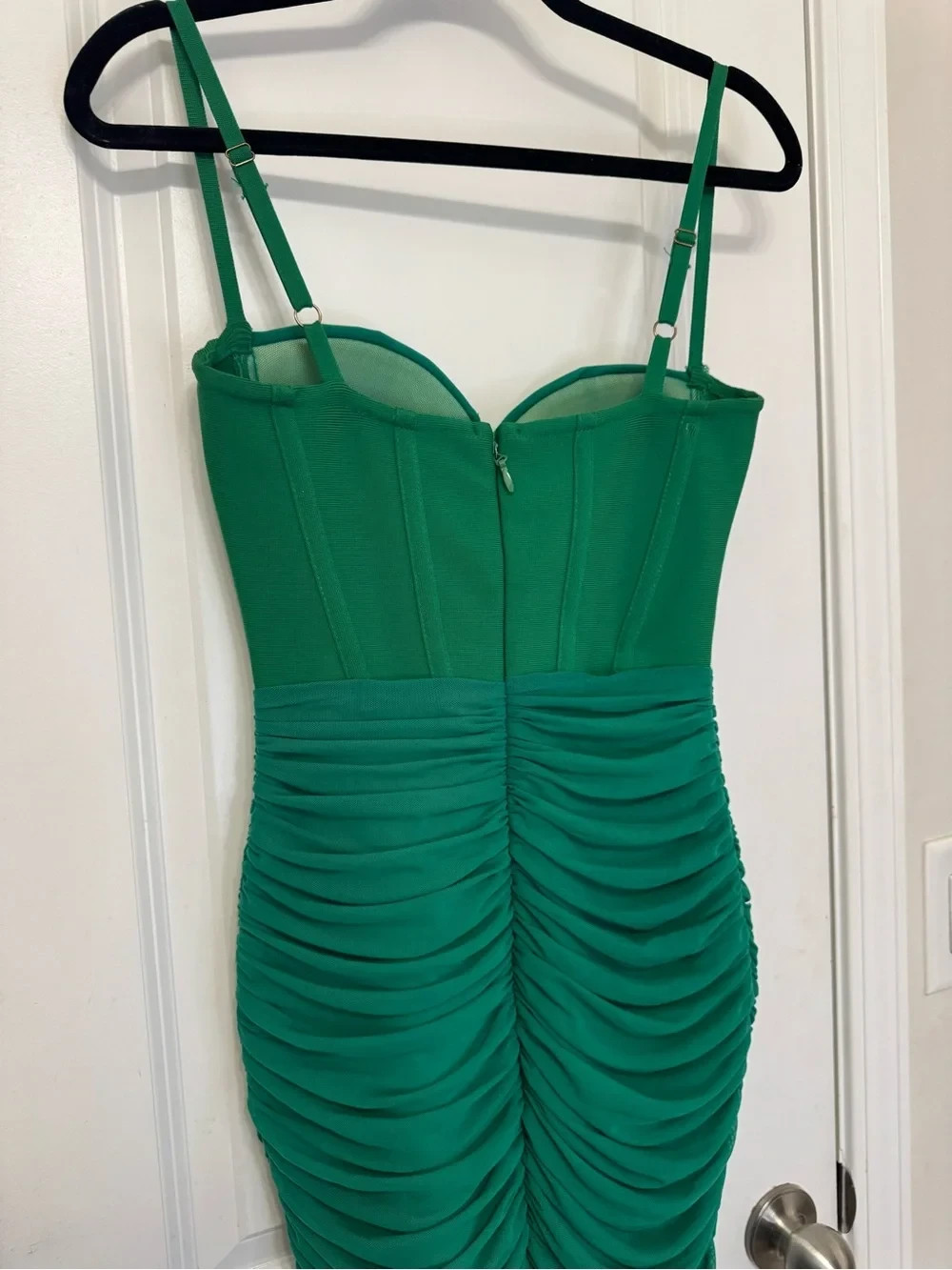 Ruched Emerald Bustier Mini Dress with Adjustable Straps
