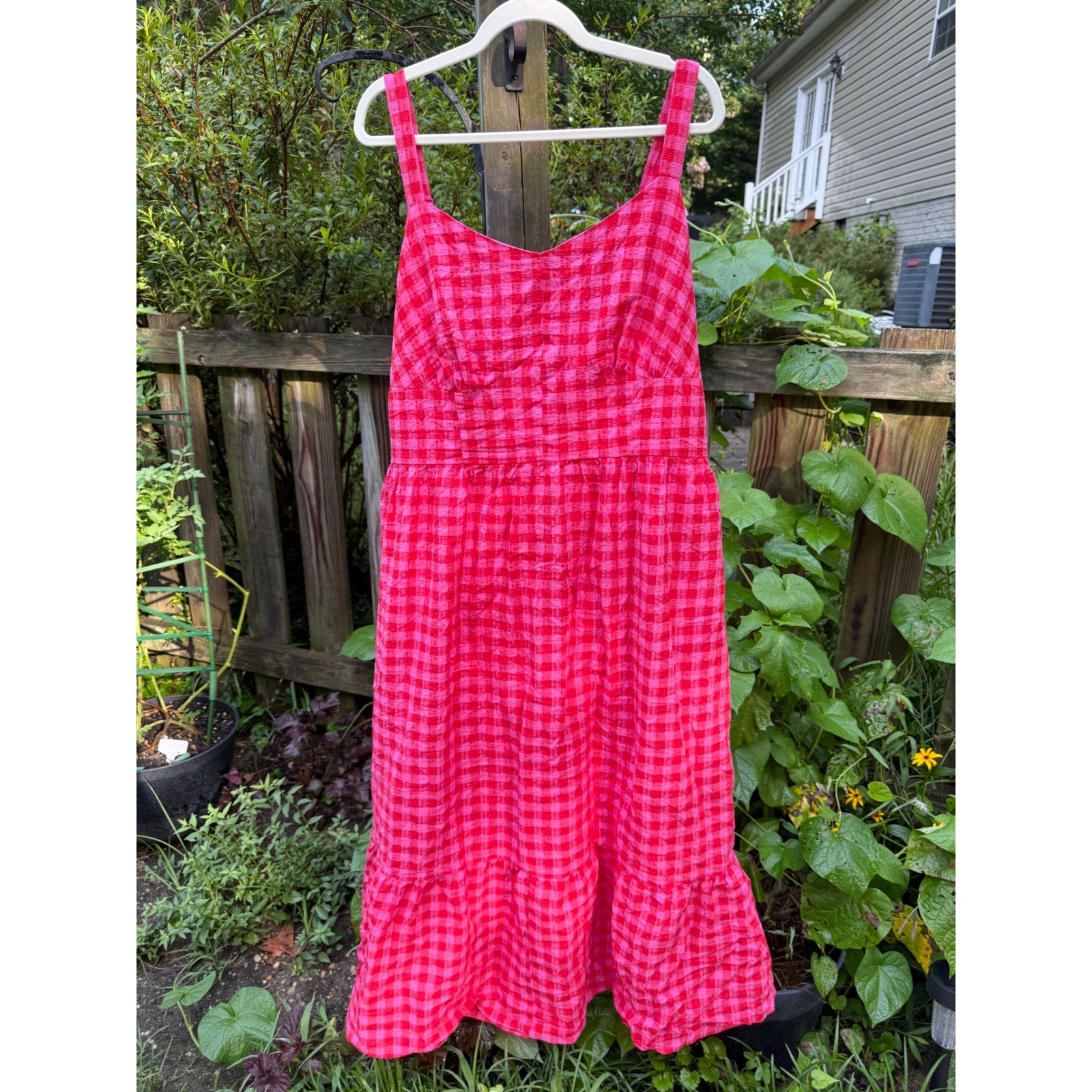 Lane Bryant Pink Red Gingham Midi Dress Smocked Back Tiered Ruffle Size 20 NWT