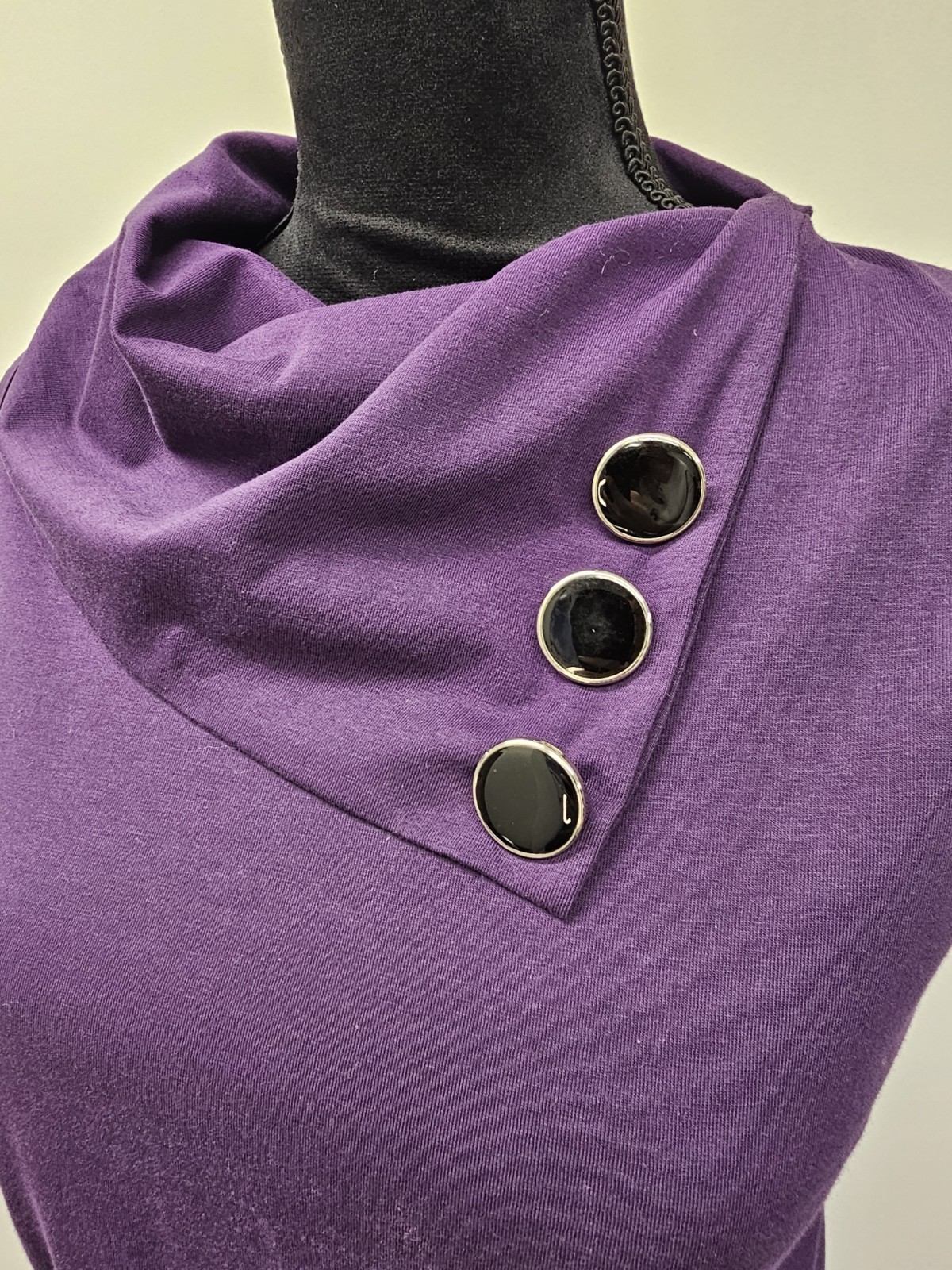 Womens L Huhot Purple with Black Buttons Dress Asymmetric Cowl Neck Pockets