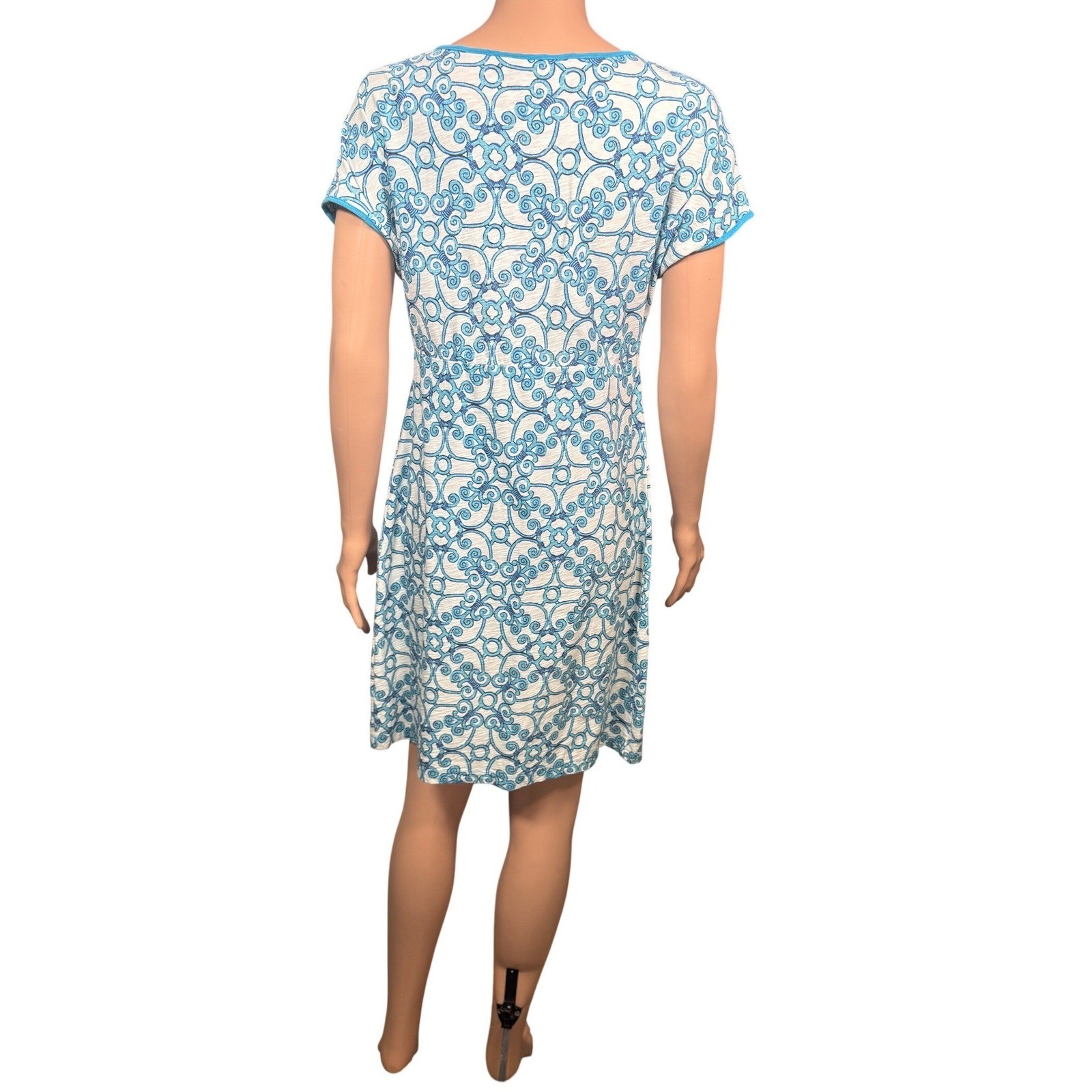 Tommy Bahama Womens Small Turquoise White Scroll Print Slub Knit Shift Dress