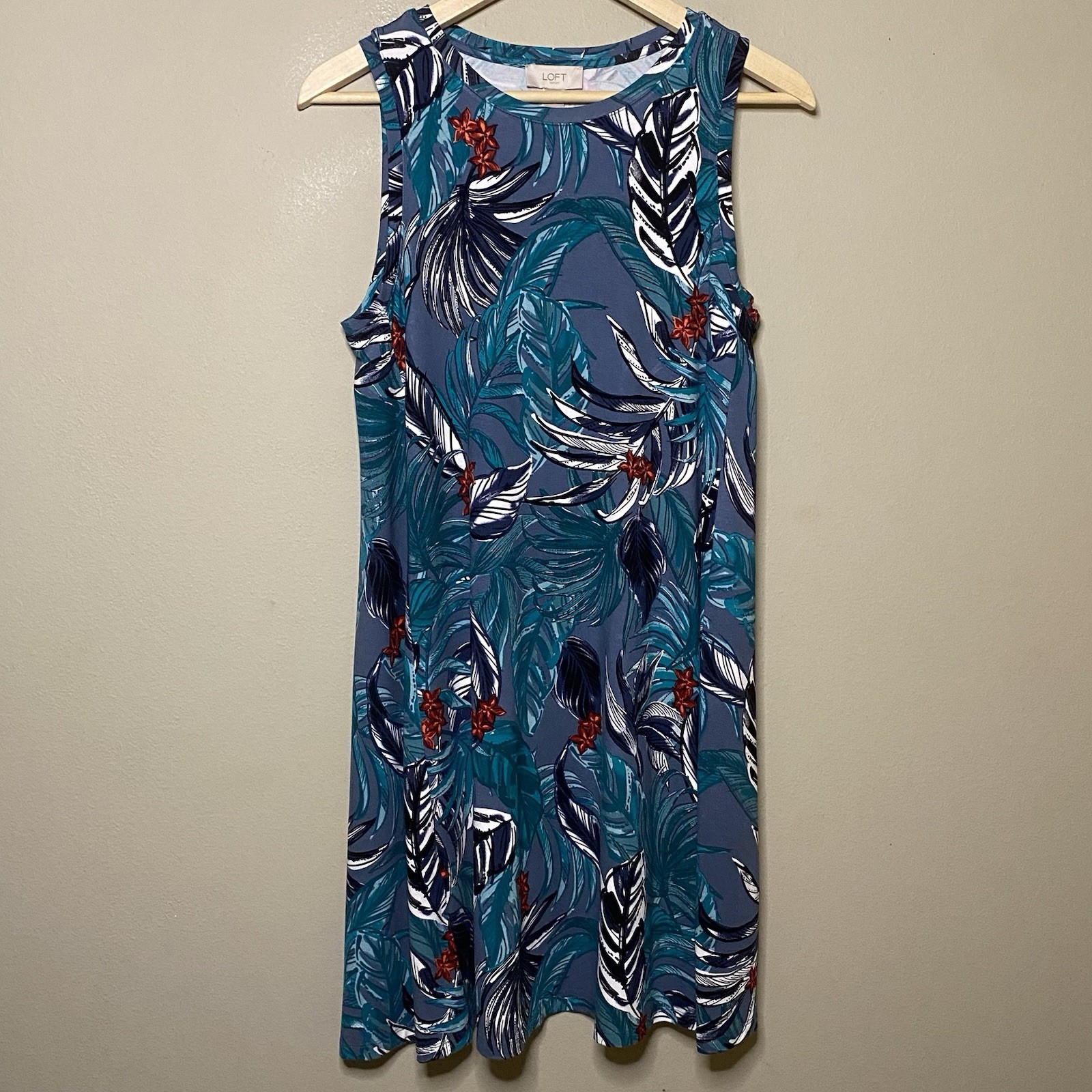 Loft Outlet Sundress Medium Green Red Black Floral Sleeveless Tropical Hawaiian