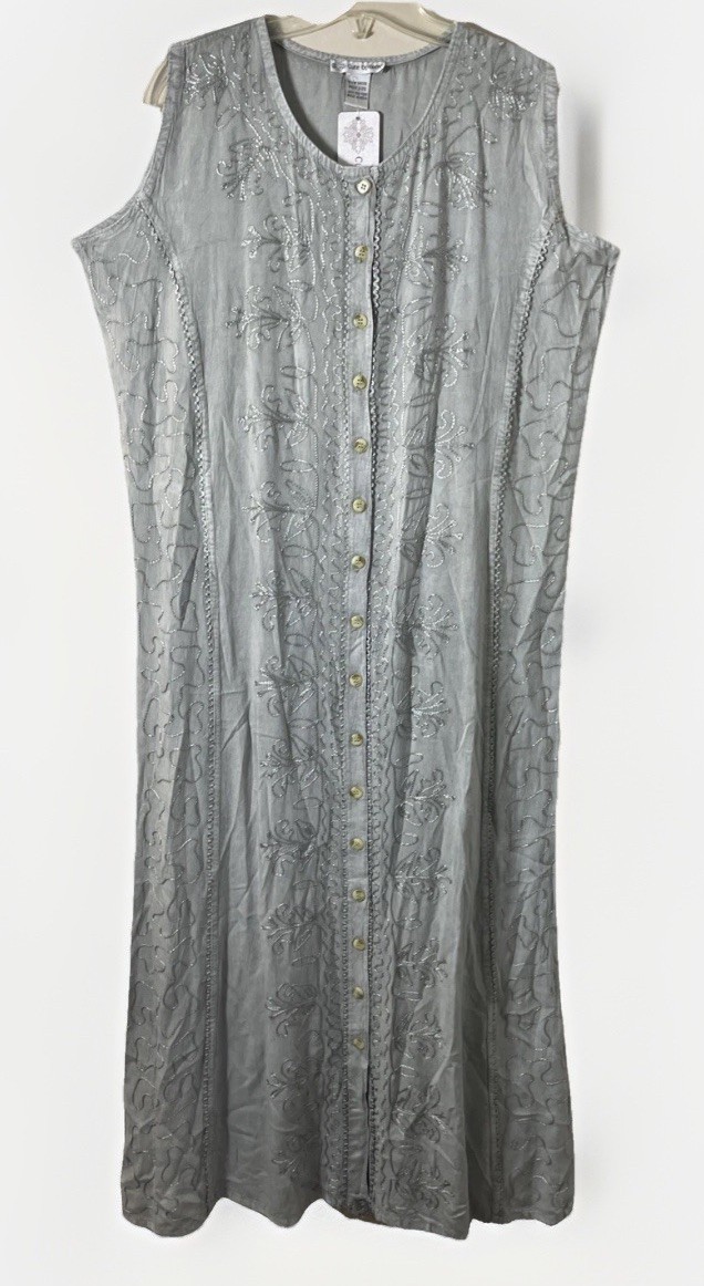 Cute Options Women’s Large Sage Green Floral Embroidered Button Down Dress NWT