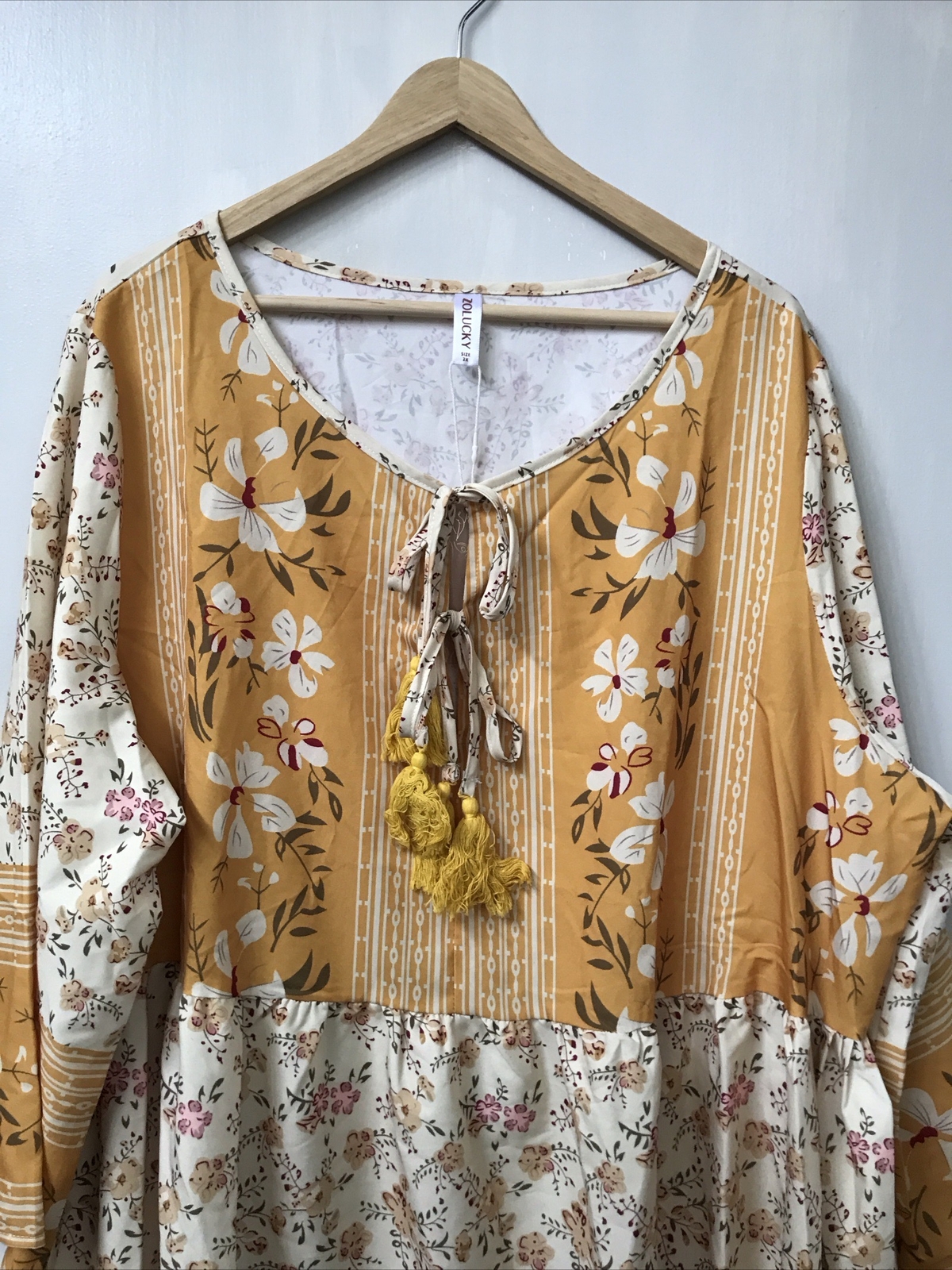 Zolucky Boho flowing peasant dress long baggy sleeves tassel ties Size 2X NWT