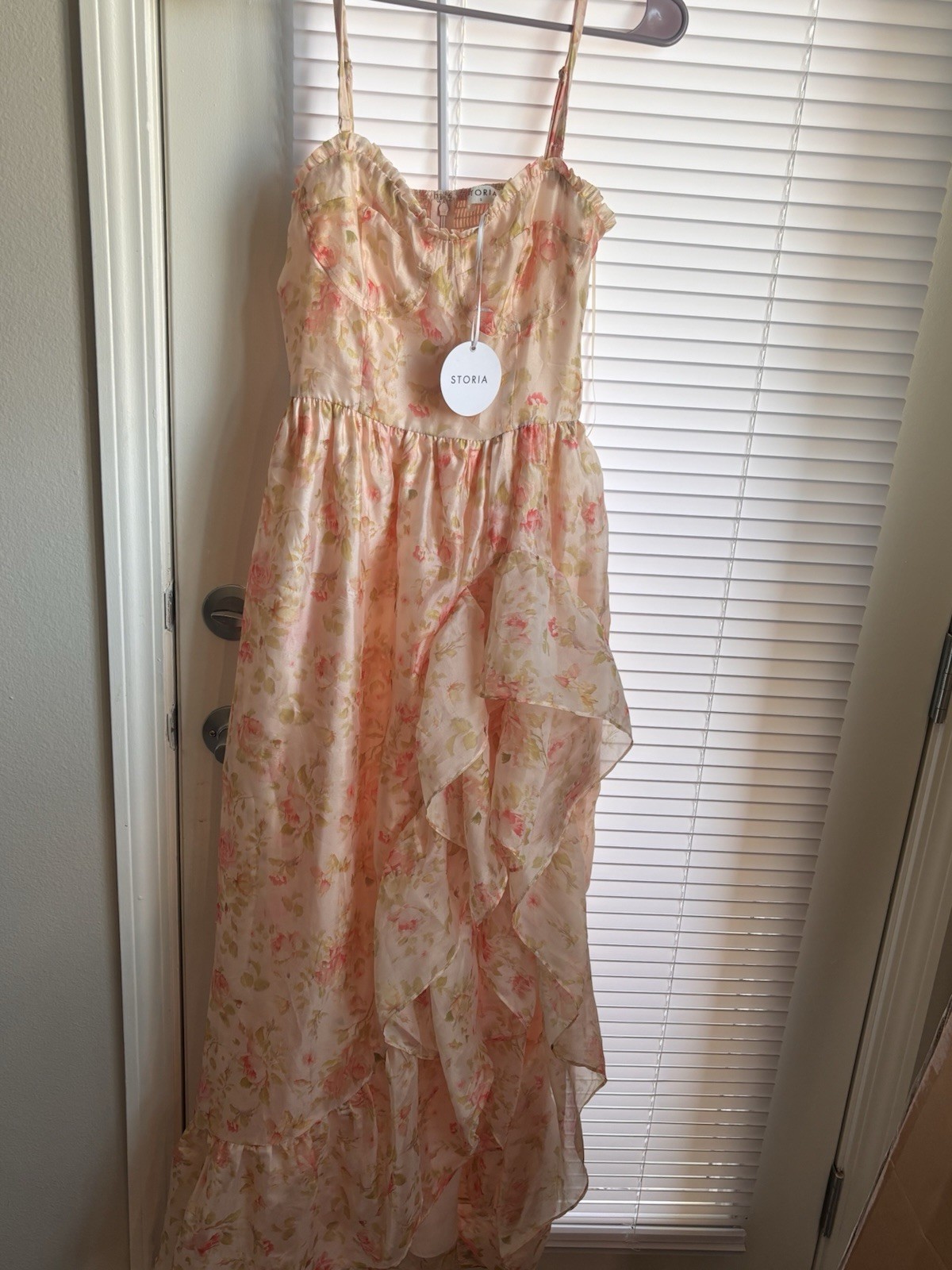 STORIA NWT Pink Green Floral Chiffon Maxi Dress Ruffle Adjustable Straps S