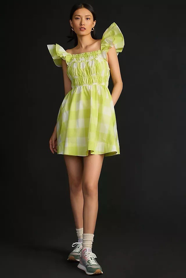 Anthropologie Maeve Square Neck Flutter Sleeve Shirred Dress XL NWT Green Plaid