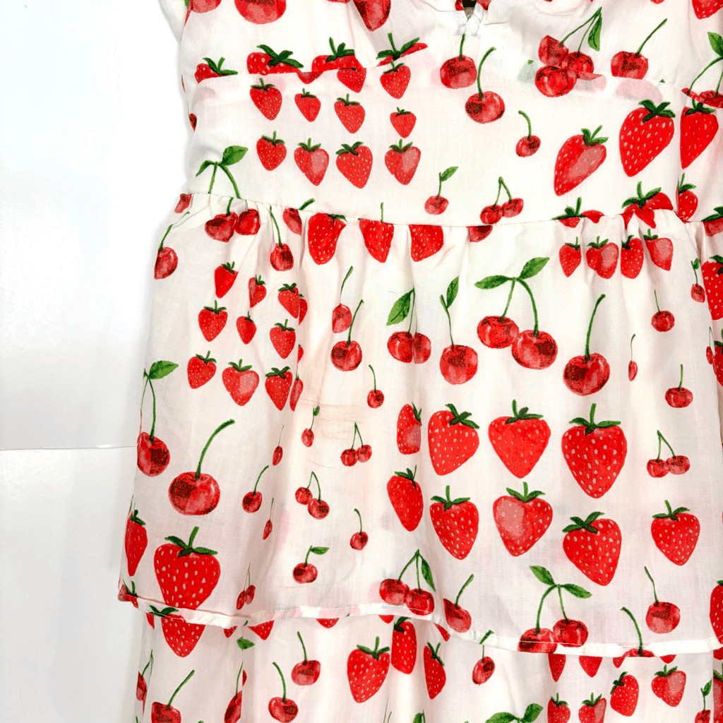 Crystal Doll Midi Dress Womens Large White Red Strawberry Cherry Print Tiered