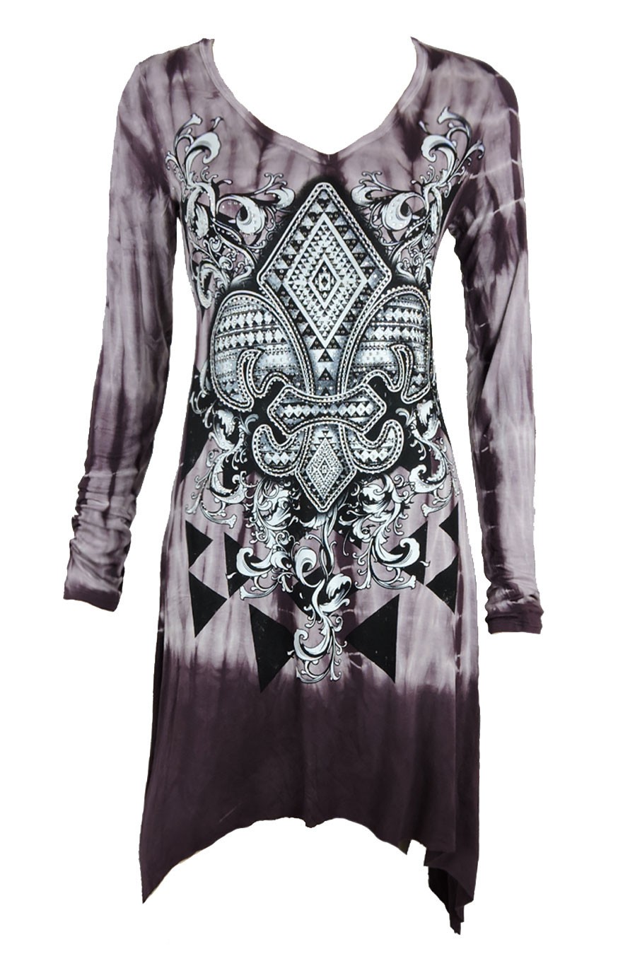 New Vocal Women Shark Bite Dress Long Sleeve Crystal Fleur De Lis Purple Tie Dye