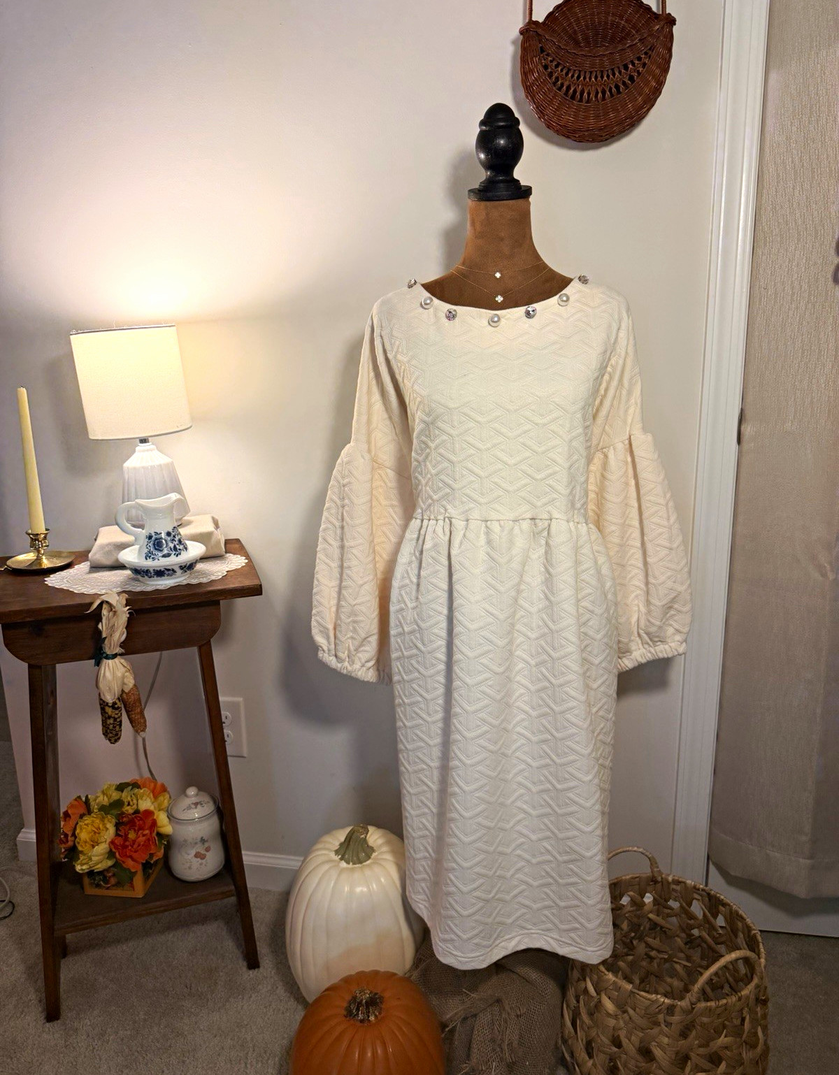 Simply Southern Sweater Dress XXL NWT Cream Quilted Pearl Balloon Sleeve Fall