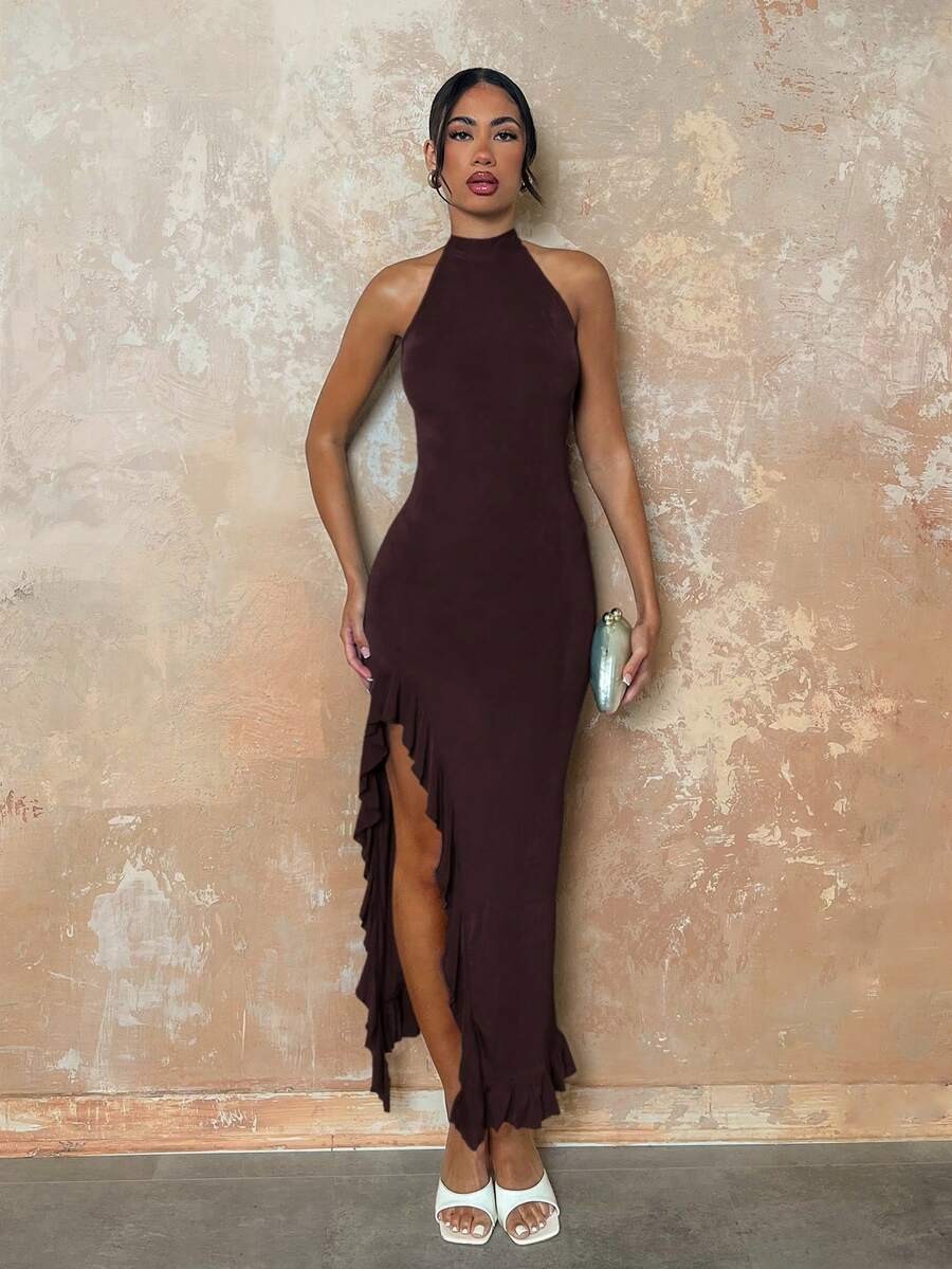 Elegant Halter Maxi Dress Backless Ruffle Bodycon Split Thigh Party Gown