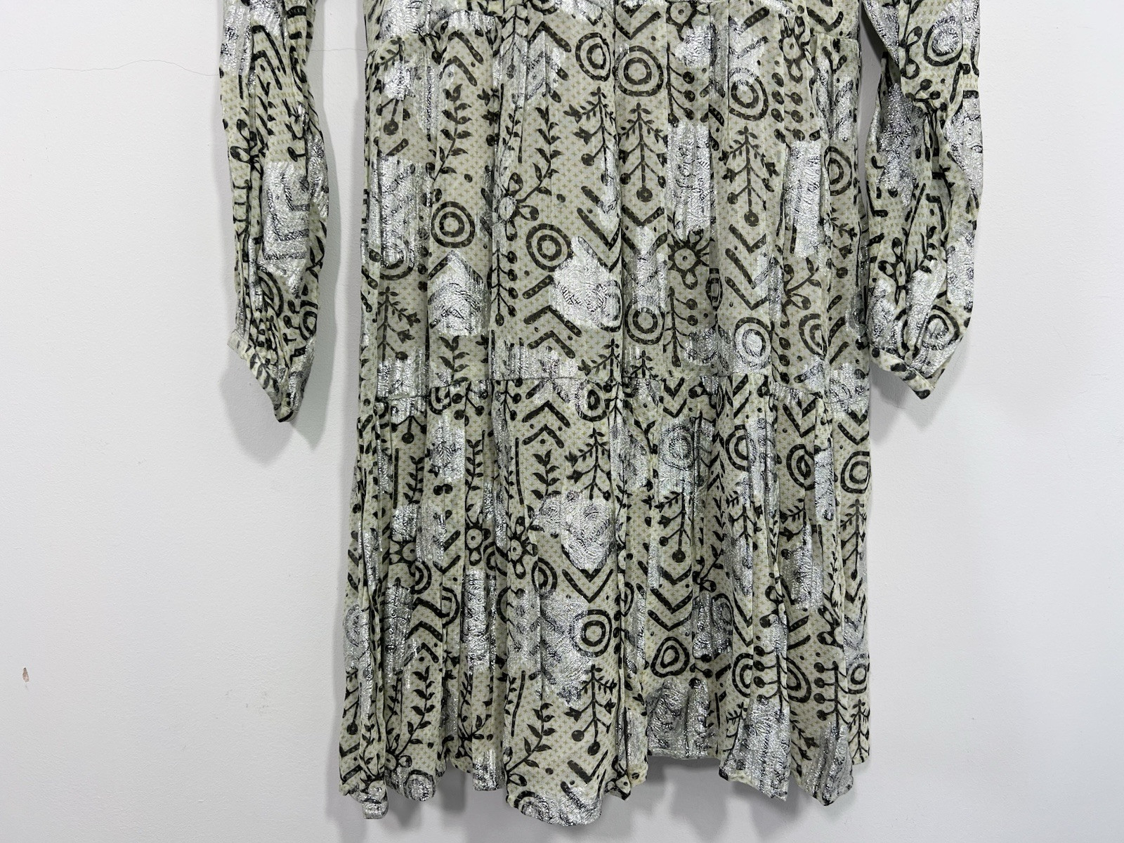 Zara A Line Boho Mini Dress Size XS Relaxed Oversized Fit Green Metallic Silver