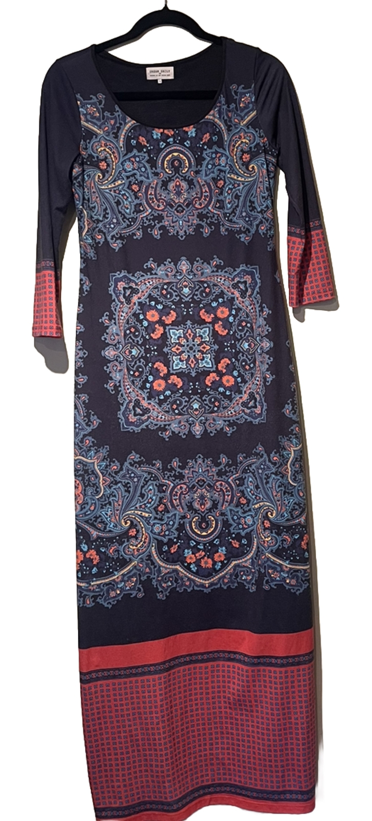 Anthropologie Rayon Blend Batik Mandala Maxi Dress SZ Small 3/4 Sleeve Long