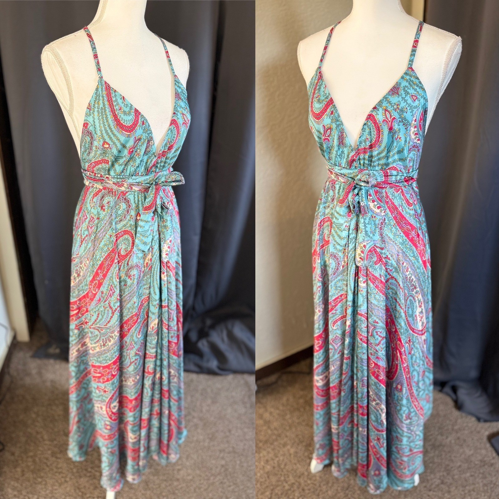 Advance Maxi Dress Womens One Size Teal Pink Paisley Silk Blend V-Neck Open Back