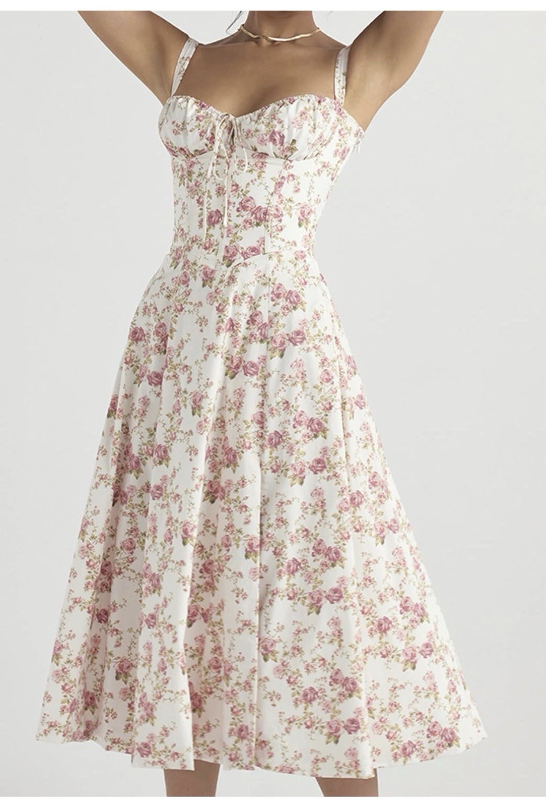 Women’s White Pink Floral Corset Lace-Up Strappy Sweetheart Midi Sundress
