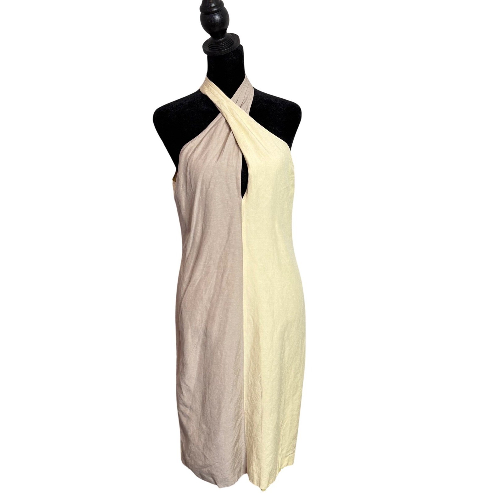 Bicolor Silk Linen Halter Dress Yellow Tan Colorblock Womens Size 8 Two Tone