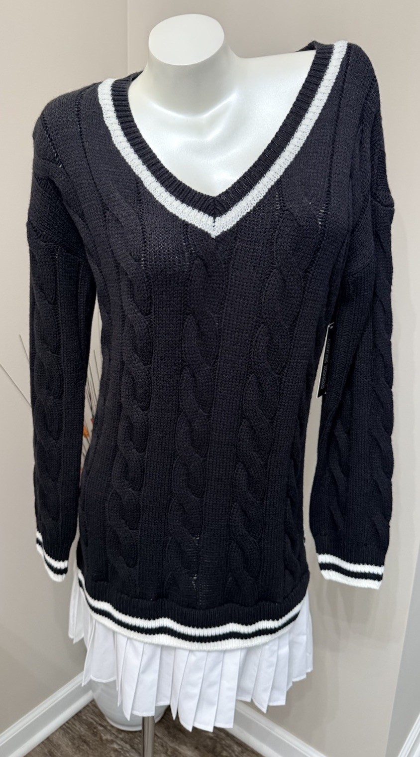 NWT Derek Heart Cable Knit Sweater Dress Pleated Academia Varsity Sz Med