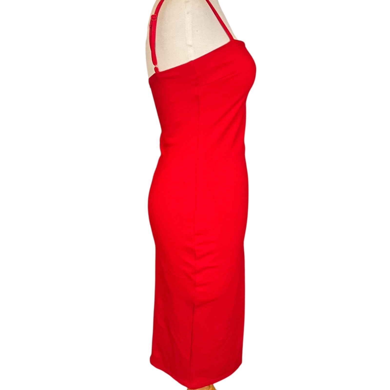 Sexy Red Bodycon Midi Dress Spaghetti Strap Gold Zipper Date Night Holiday Glam