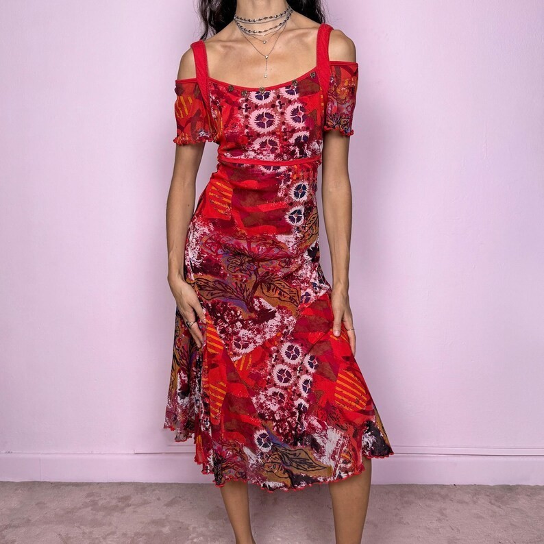 Vintage Red Midi Dress Graphic Mesh Sheer Maximalist Deconstructed Y2K Size L