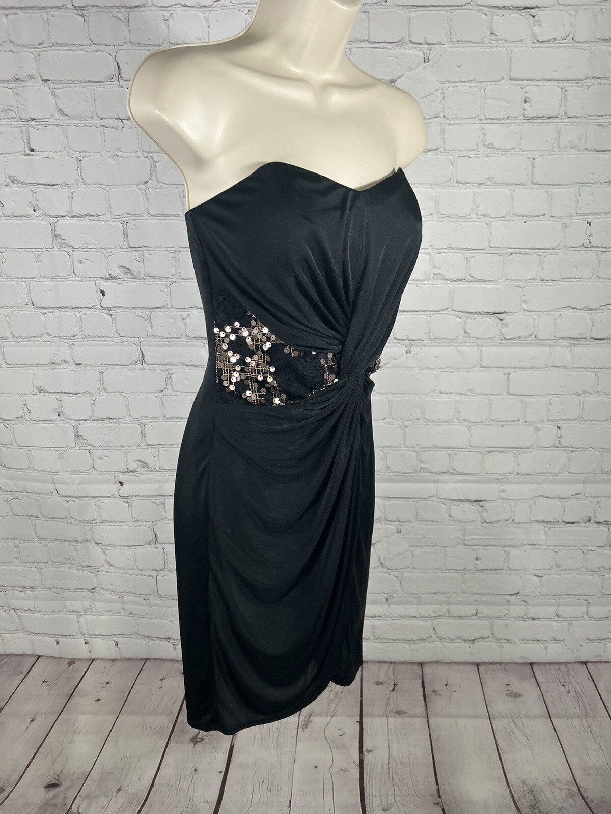 Kurt Thomas Beaded Embroidered Strapless Twist Front Boned Black Bodycon Dress 2