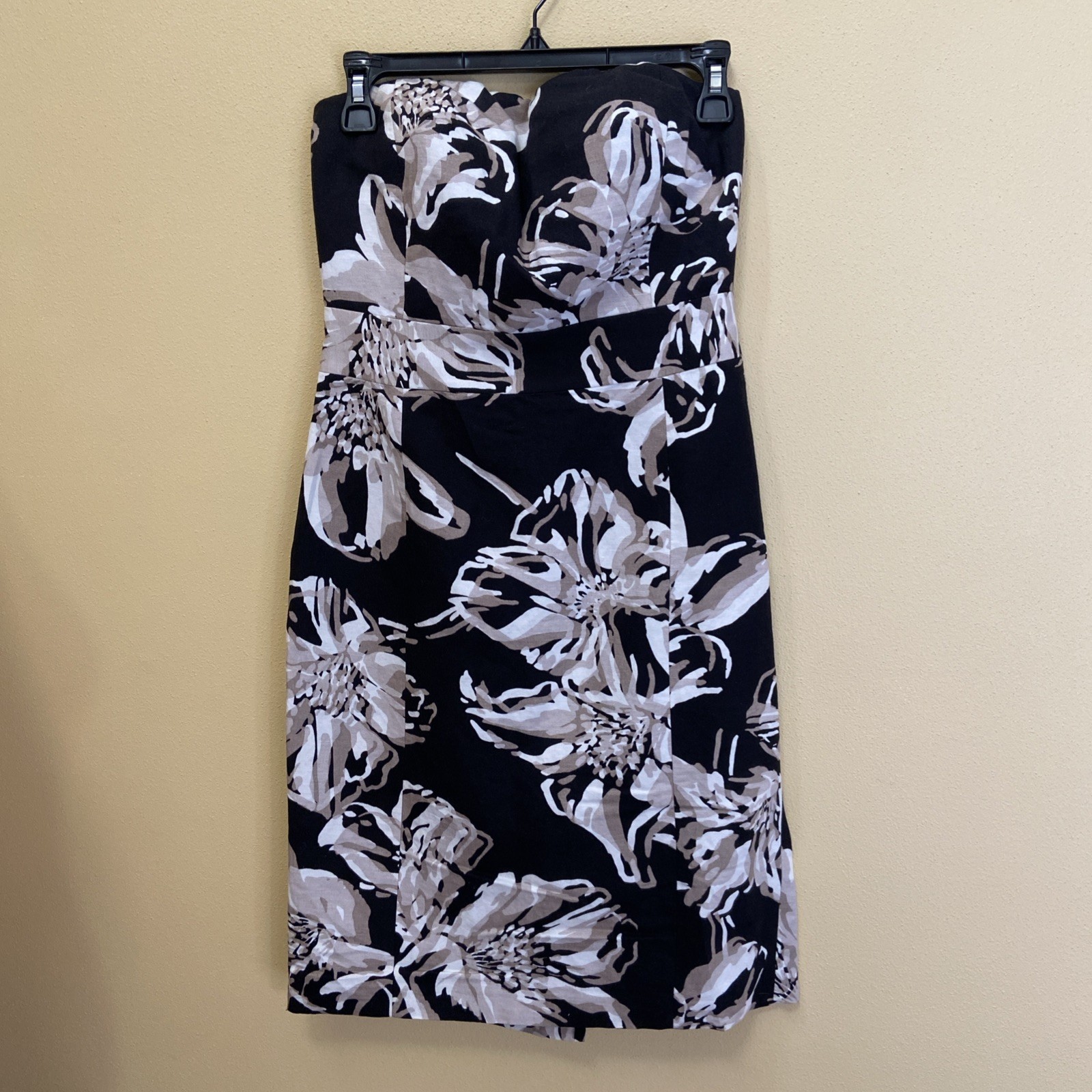 Banana Republic Strapless Linen Floral Sheath Dress Black Beige Size 0P EUC