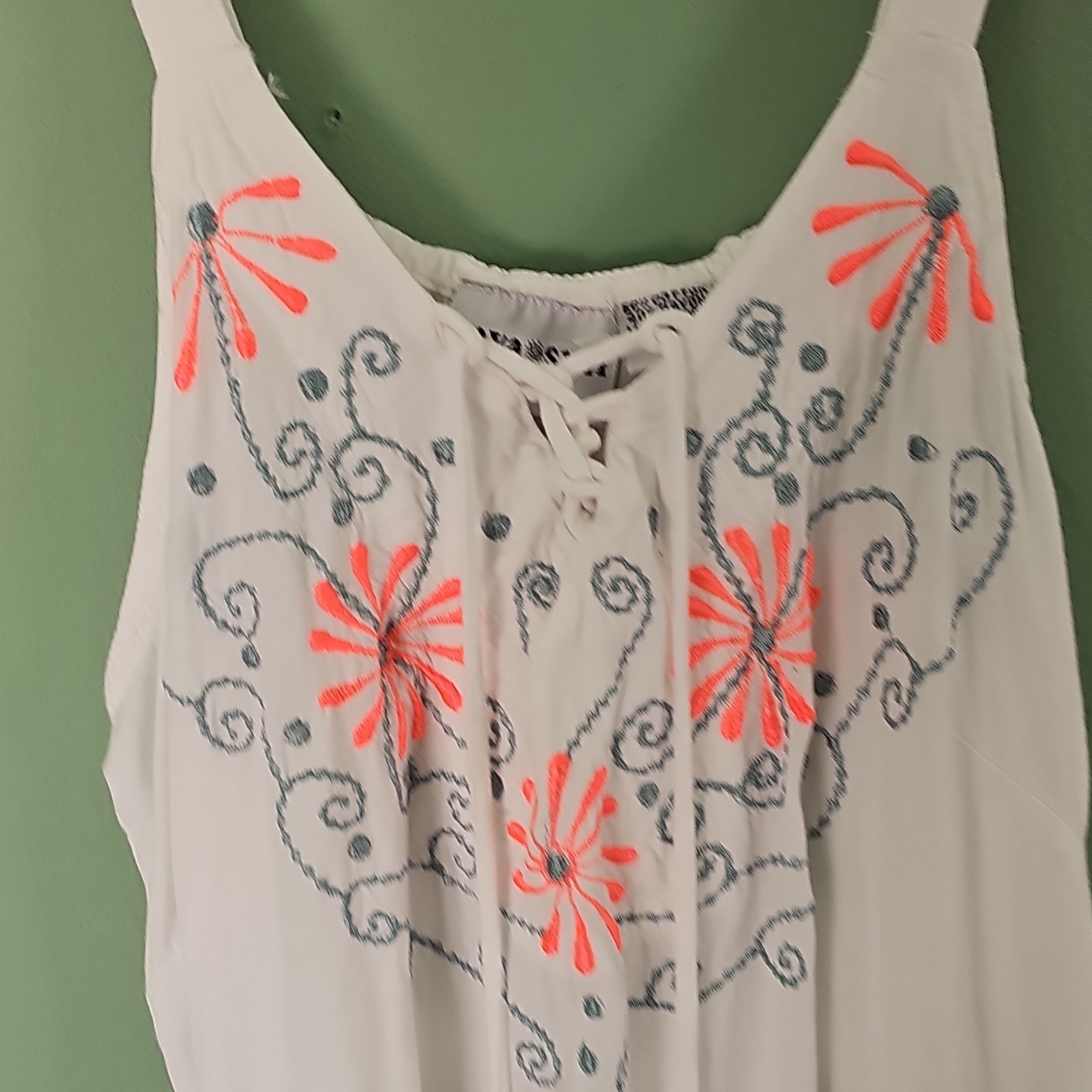 Raya Sun White Embroidered Tassel Tie V-Neck Sleeveless Midi Sundress L 0143