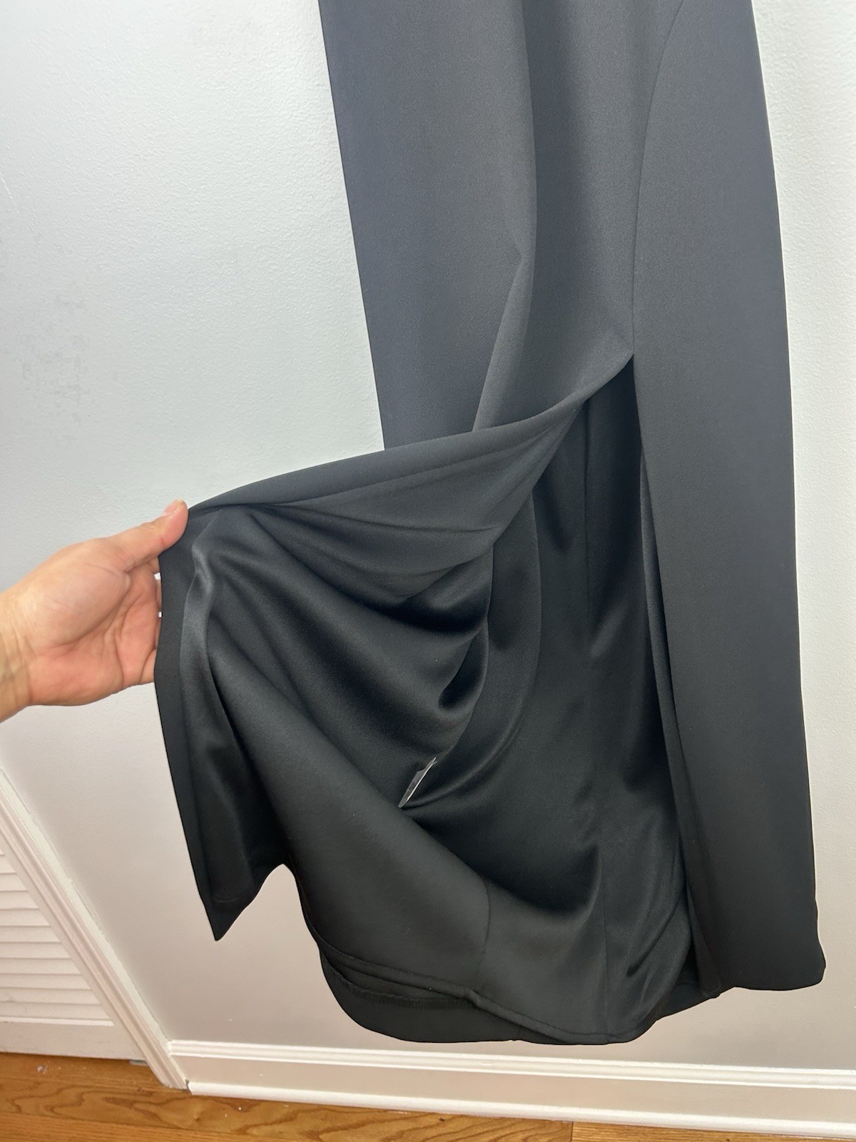Xscape Ruffle Trim Mock Neck Evening Gown Black Dress Slit Front Sz 8Petite NWT