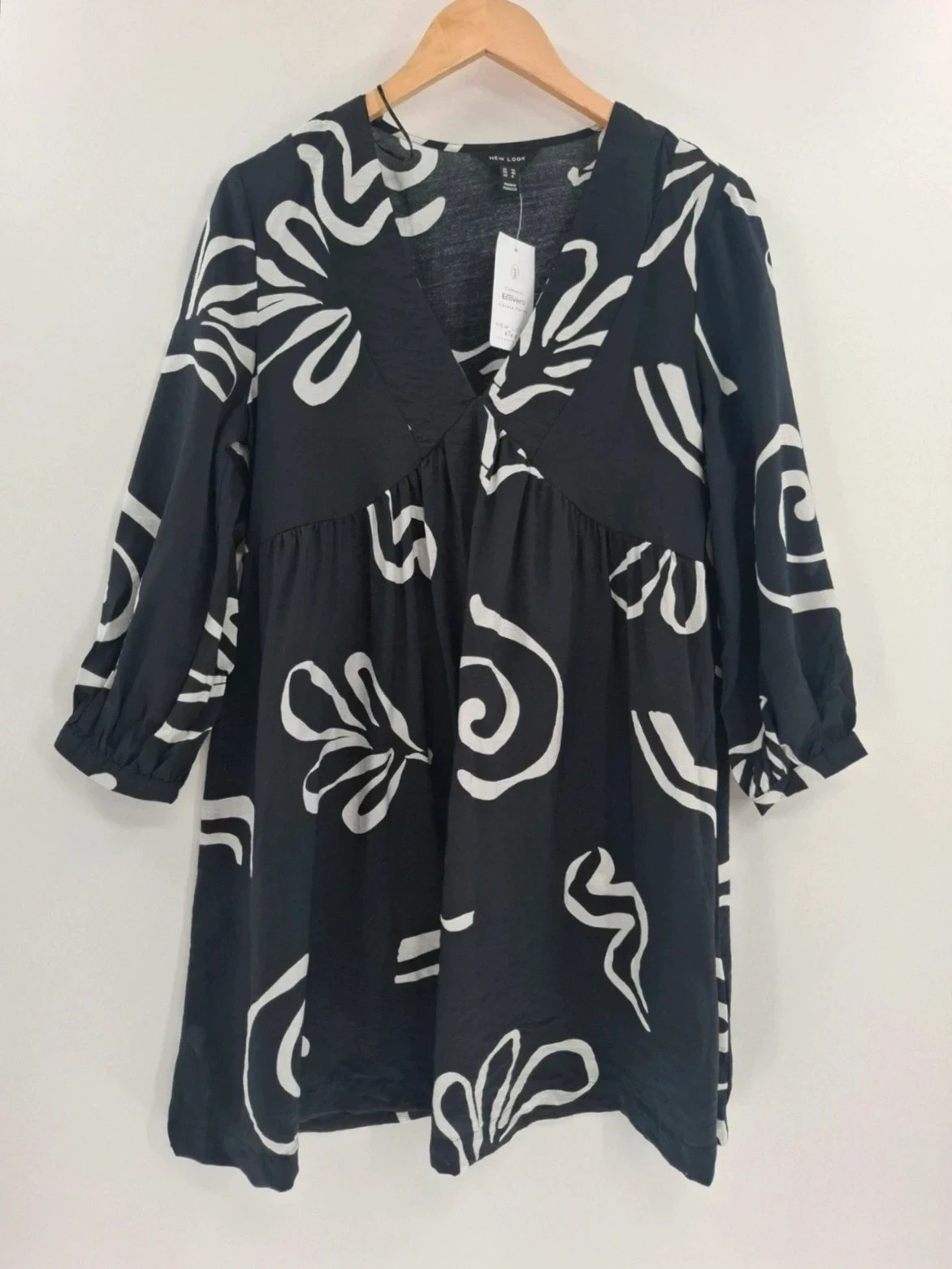 New Look Black White Abstract relaxed A-line smock Mini Dress Size 12