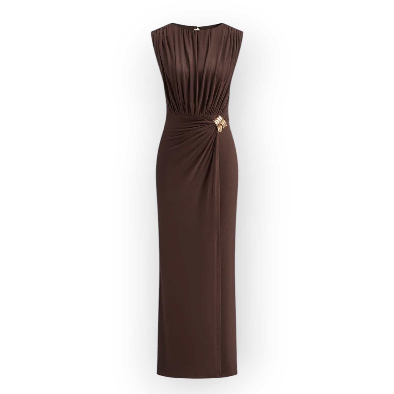 Commense Brown Ruched Maxi Dress Metal Buckle Sleeveless XL Modern Chic Elegant