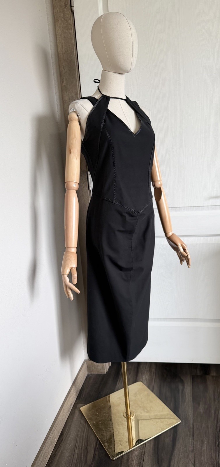 SPORTMAX Max Mara Sz US 12 Black Cotton Silk Trim Halter Pencil Midi Dress