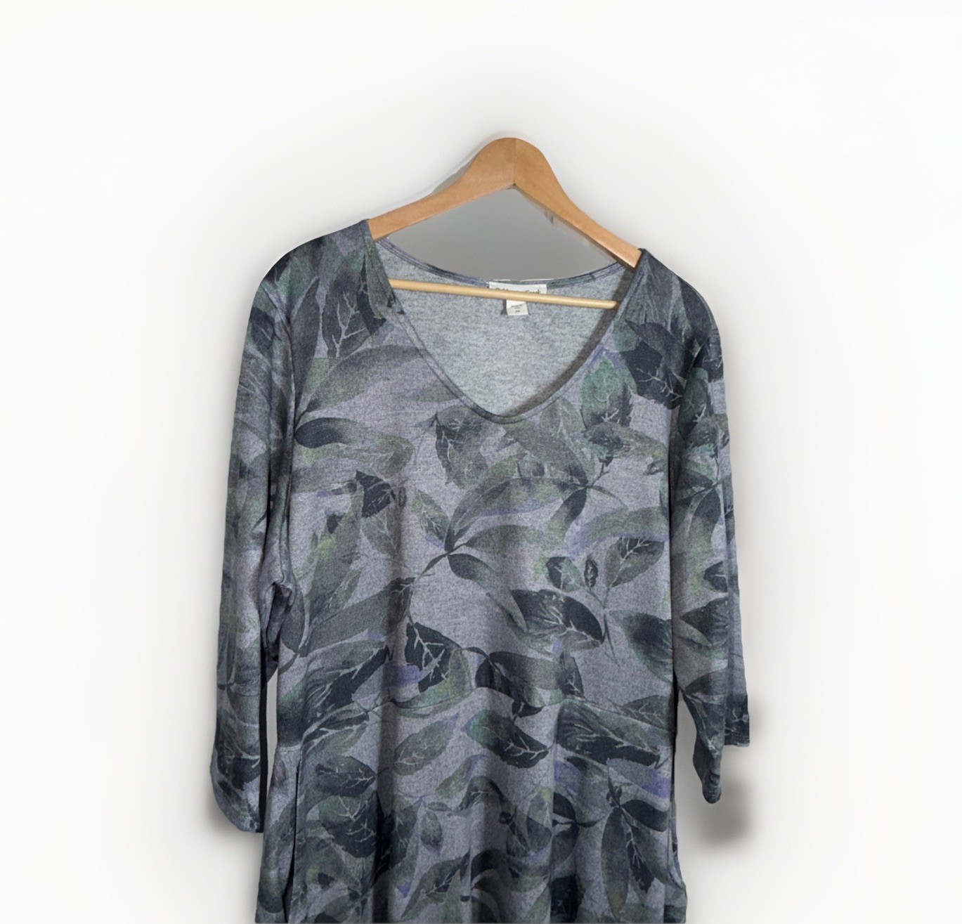 Coldwater Creek Leaf Print Gray A-Line Casual Dress Size 2X Pockets 3/4 Sleeves
