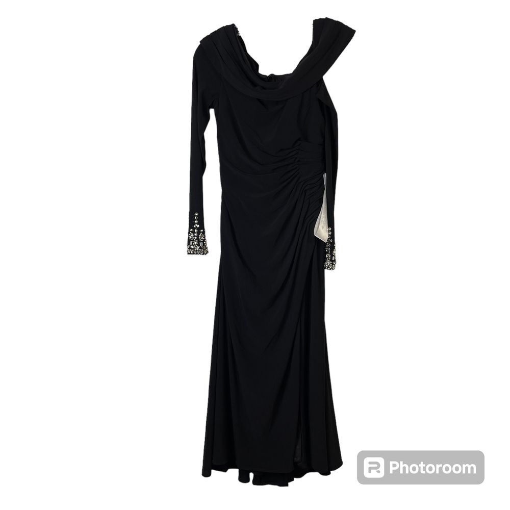 leena For Macduggal Asymmetrical Black Midi Dress Slit Size 0 NWT Style MD26485