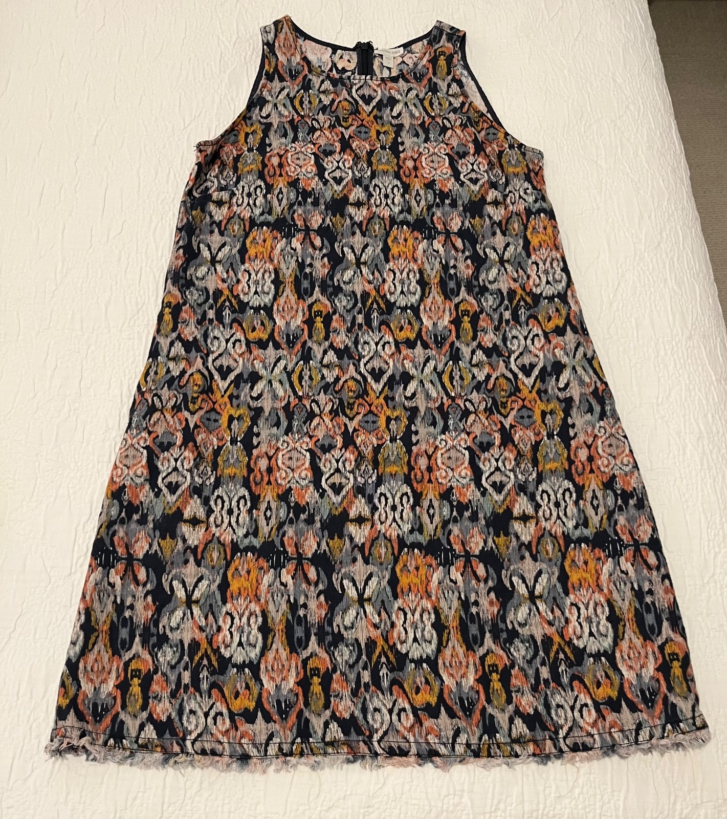 Garnet Hill 100% Linen Ikat Shift Dress Pockets Frayed Hem Sz 4 Blue Orange