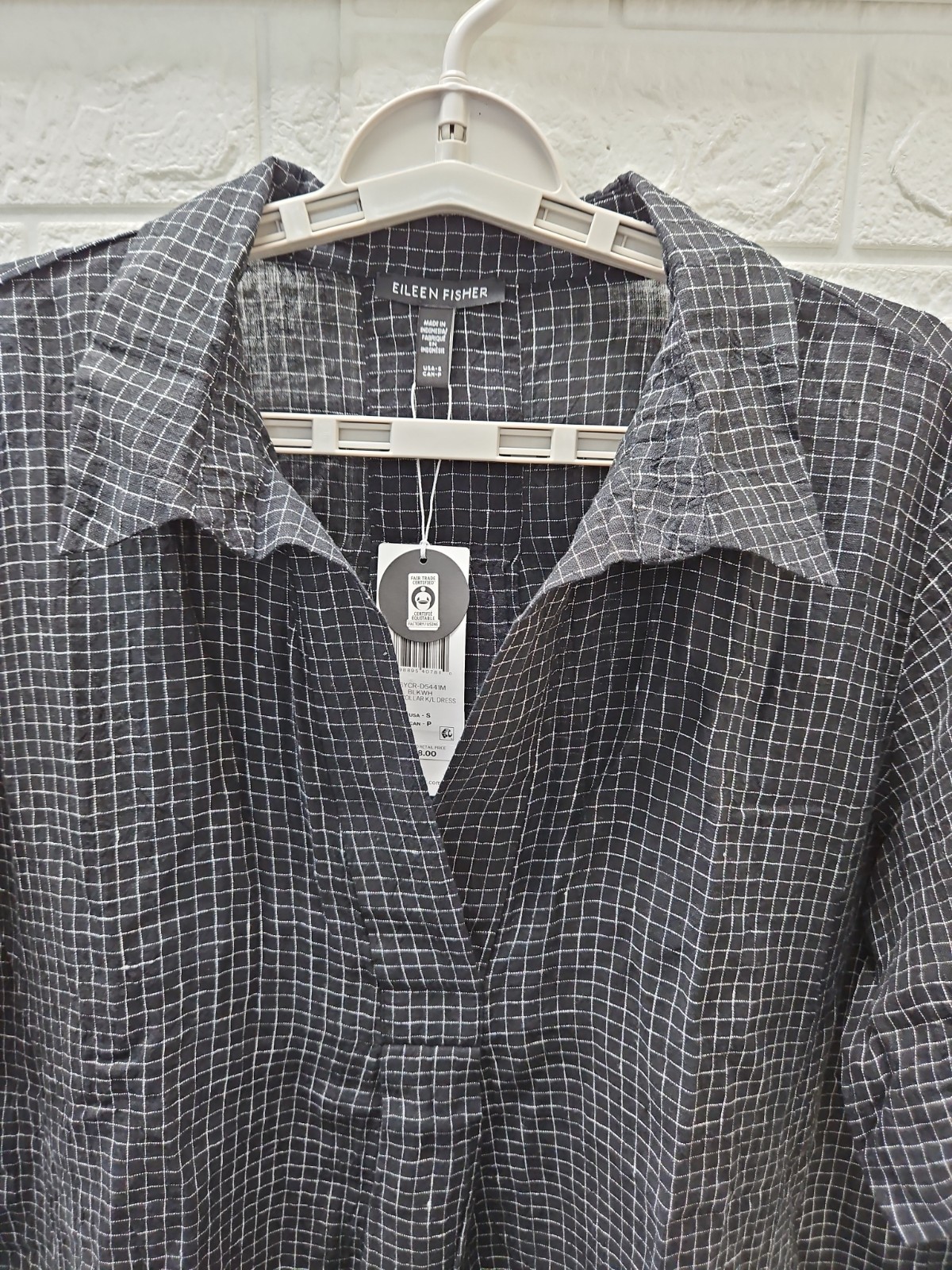 New Eileen Fisher Puckered Linen Grid Classic Collar Dress Black/White Sz S