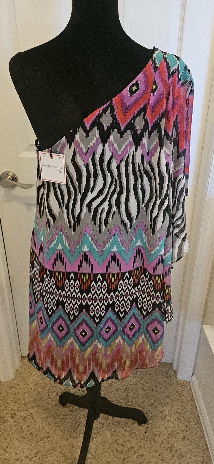 NWT Bisou Bisou Dress Size 12 One Shoulder Boho Ikat Chiffon Y2K Overlay Tribal