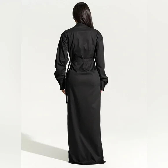 NAKED WARDROBE Black V-Neck Ruched Wrap Shirting Shirt Dress Maxi LARGE = 8/10