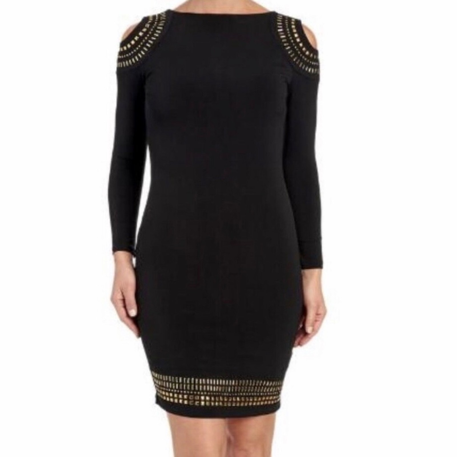 Catherine Melandrino Medium Black Gold Tone Studded Cold Shoulder Dress NWT