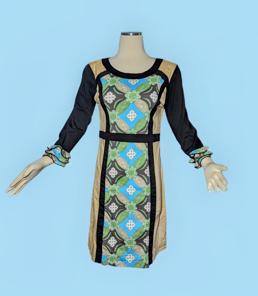 ALMATRICHI Madrid Spain GEOMETRIC Blue Black Beige Dress Women’s Size 8 GORGEOUS