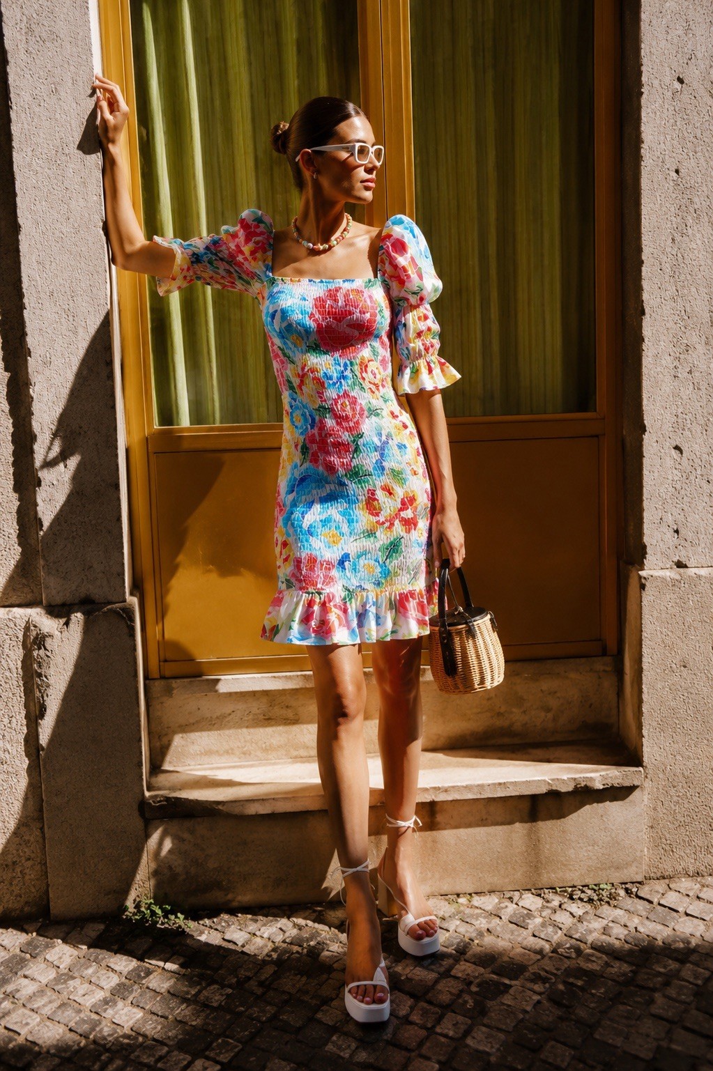 Mochi Marina All Things Shirred Silk Floral Mini Dress Puff Sleeve XS $450