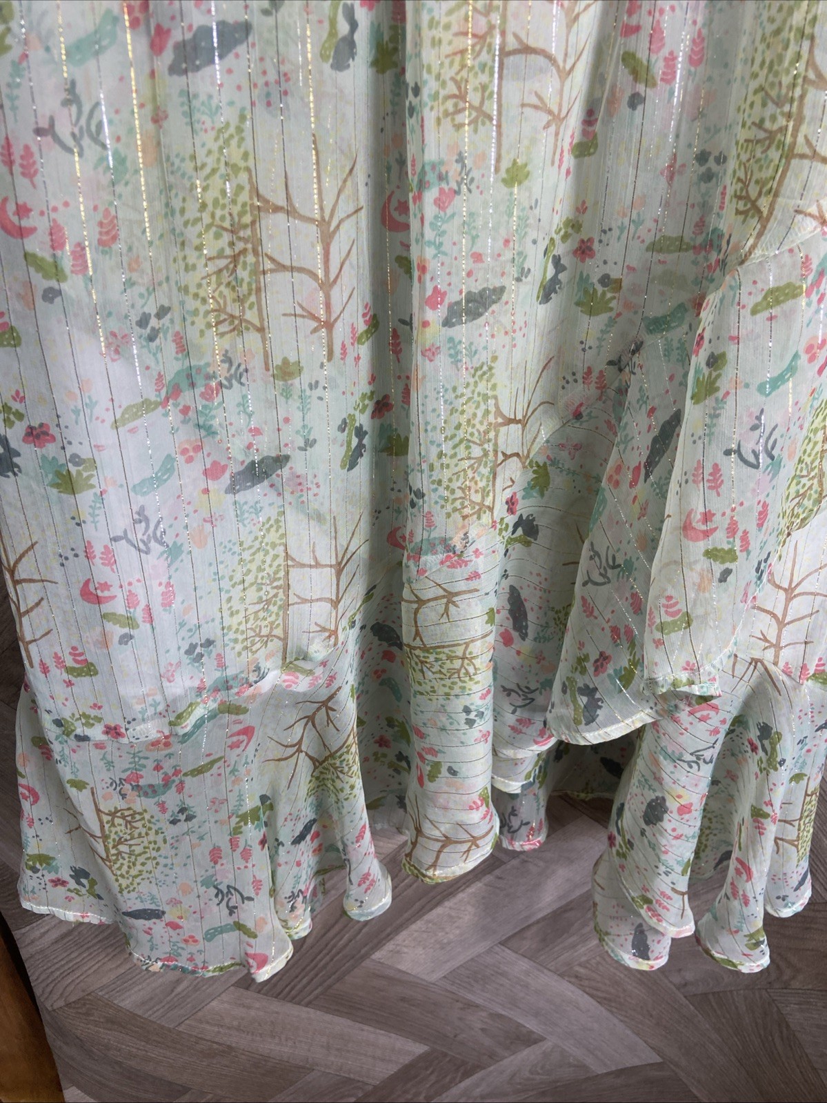 Oliver Bonas Sheer Floaty Leaf Print Midi Dress Ruffle Metallic Detail Size 16