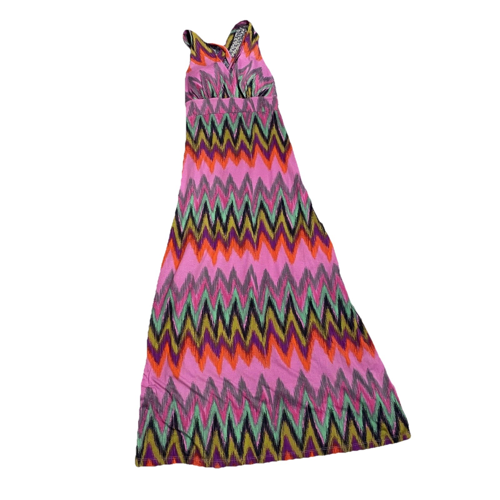 No Boundaries Dress Juniors Medium Pink Combo Chevron Maxi Sundress Boho Strappy