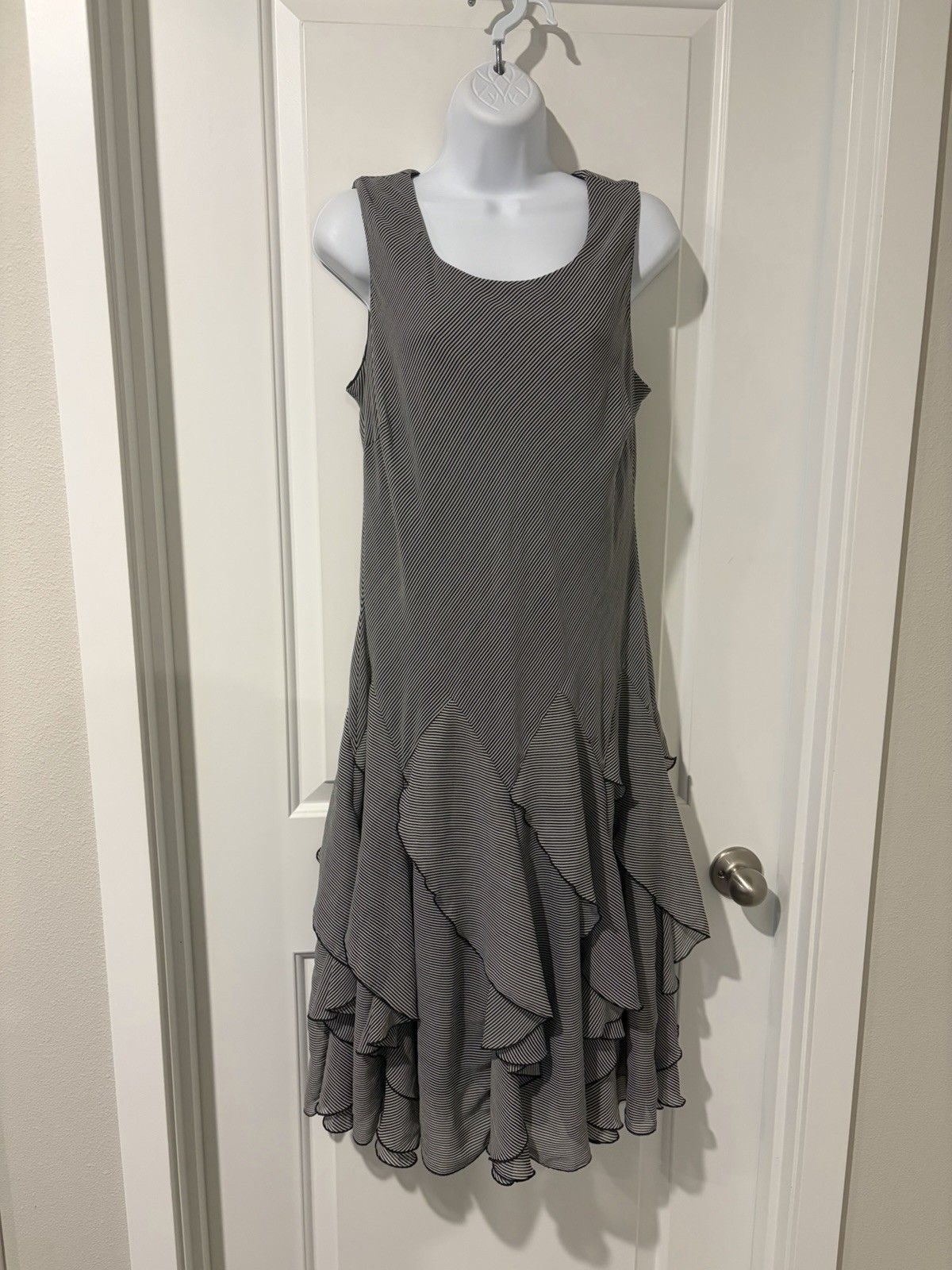 Amanda Smith Black Striped Midi Dress ~12~Sleeveless Chiffon Ruffle Hem Fairy