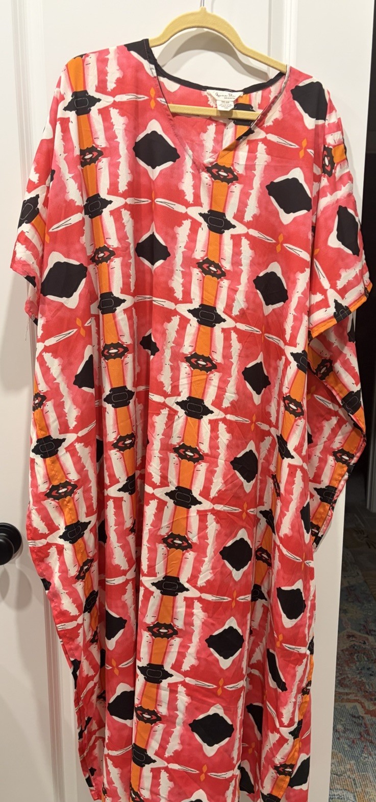 Gypsy Blu Women’s One Size Pink Orange Ikat V-Neck Kaftan Maxi Dress