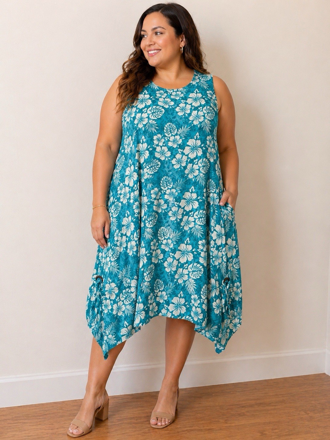 Kaktus Blue Floral Sleeveless High Low Knee Pockets Hawaiian Dress NWOT Large