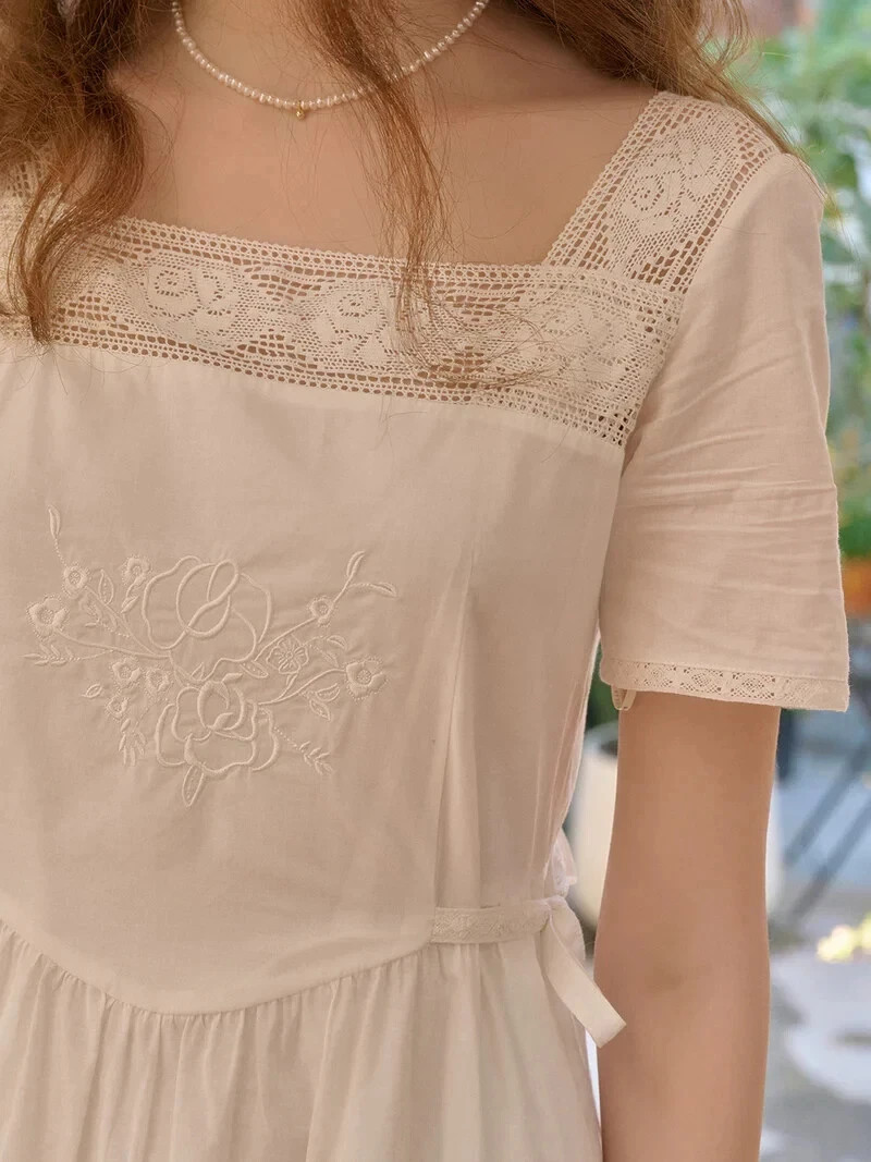 Kathy Square Neck Embroidery White Cotton Dress Size XS