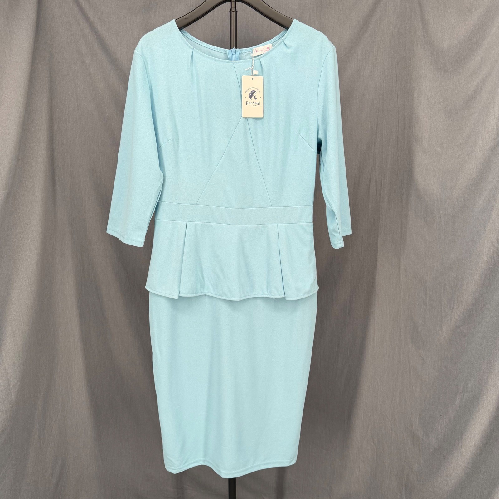 PerZeal Light Blue Peplum Sheath Dress Womens XL 3/4 Sleeve Knee Length NWT