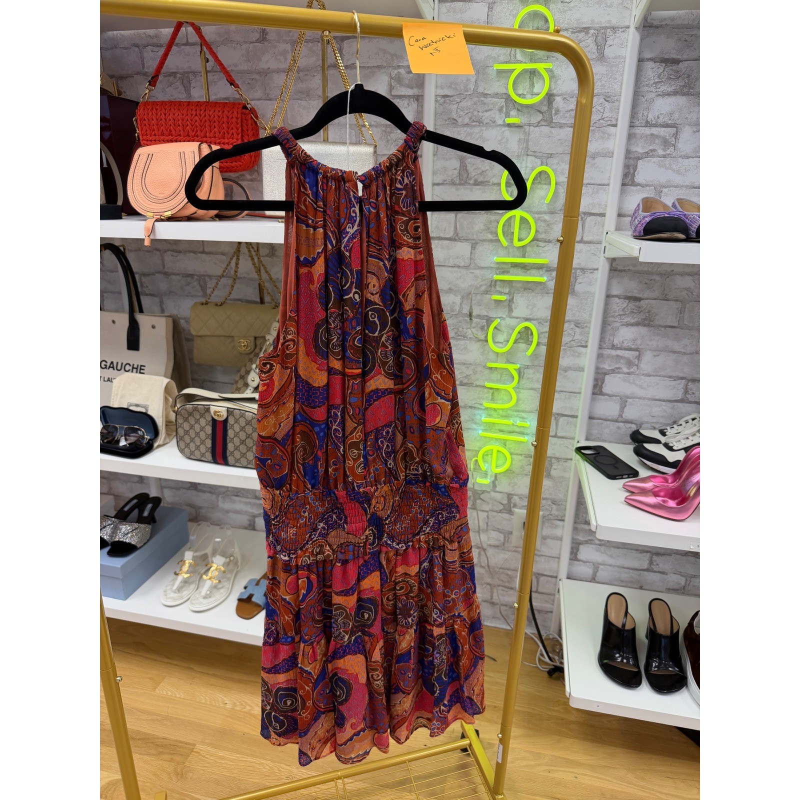ALC Cory Silk Mini Dress Paisley Halter Smocked Waist Tiered Ruffle Orange Red 6